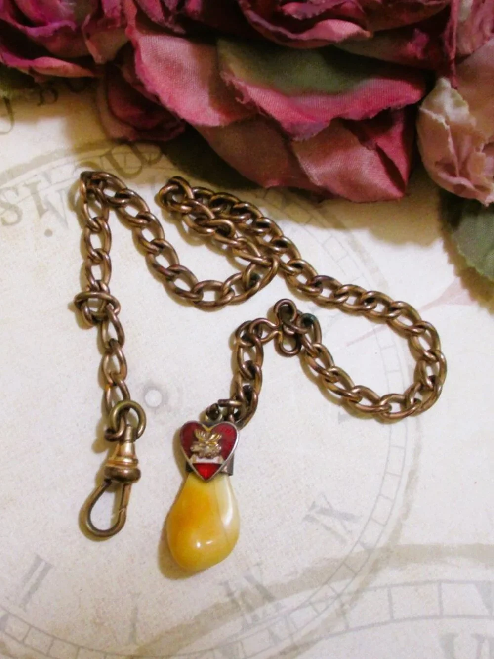 Vintage LOOM Tooth Watch Fob Chain, Guilloche Enamel Heart, Gold Filled